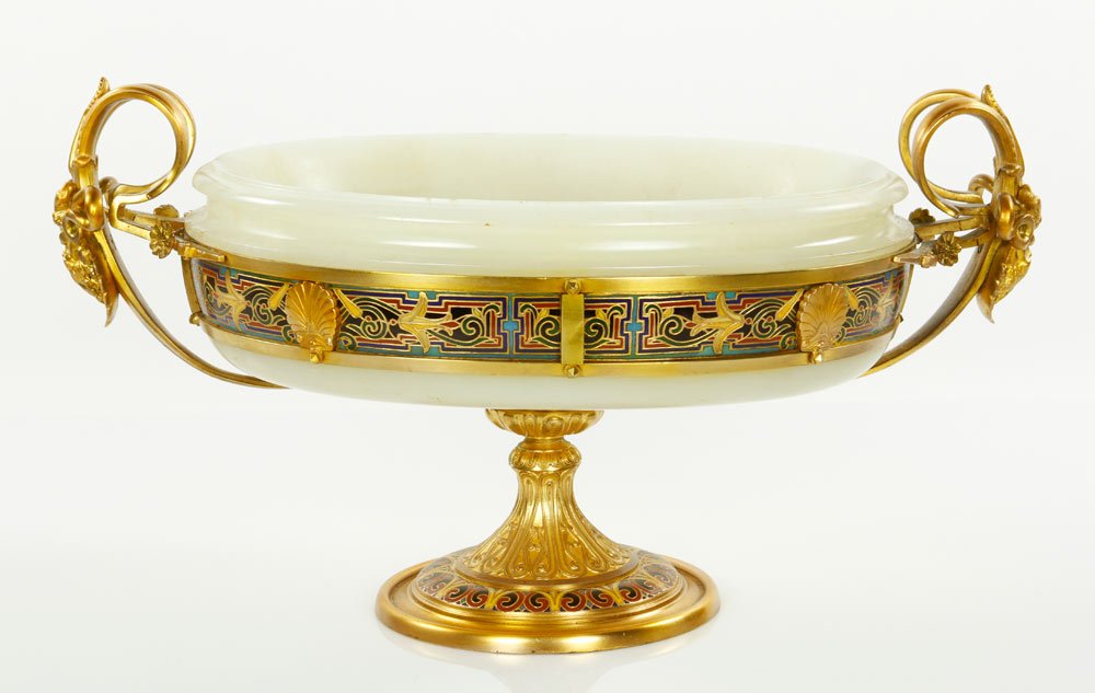 19th C. French Center Bowl: 19th century French center bowl, onyx with champleve inlay, 8" h x 15" w. Provenance: From a prominent Los Angeles collection.