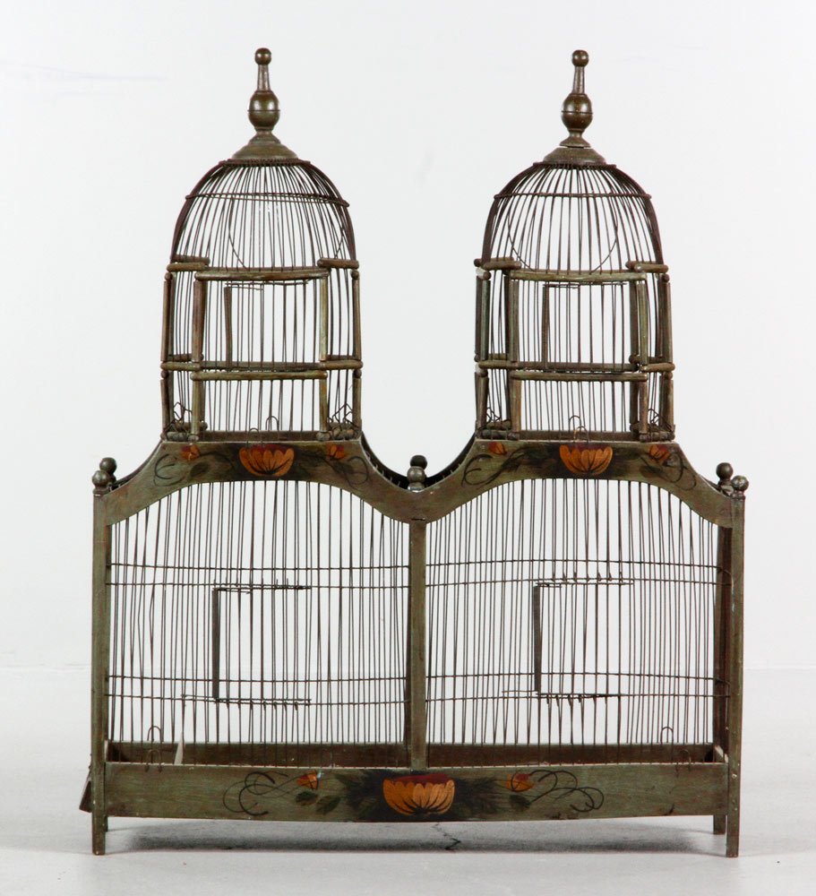 Double Dome Birdcage: Double dome birdcage, polychrome decoration, 34'' h x 27 1/4'' w x 9'' d. Provenance: Estate of Alexander Brook.