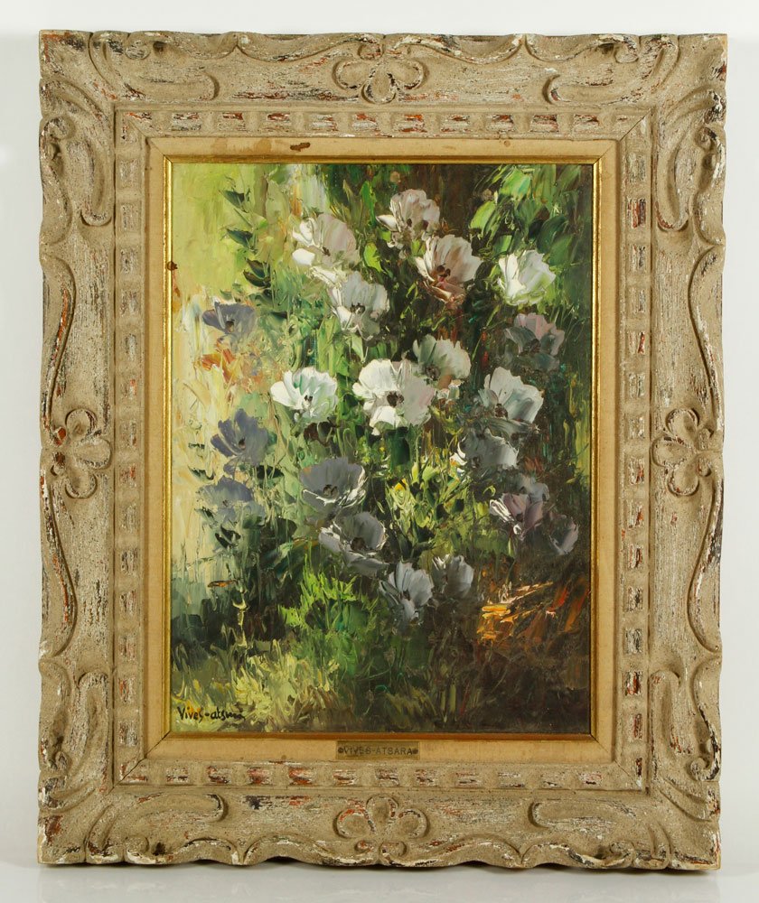 Vives-Atsara, "Wild Flowers-Texas," O/M: Jose Vives-Atsara (Spanish, 1919-2004), oil on Masonite, titled and dated 1968 verso, signed lower left, 15 1/2" h x 11 1/2" w (view), 22 1/4" h x 18 1/2" w (frame). Provenance: From a Carpintaria, CA