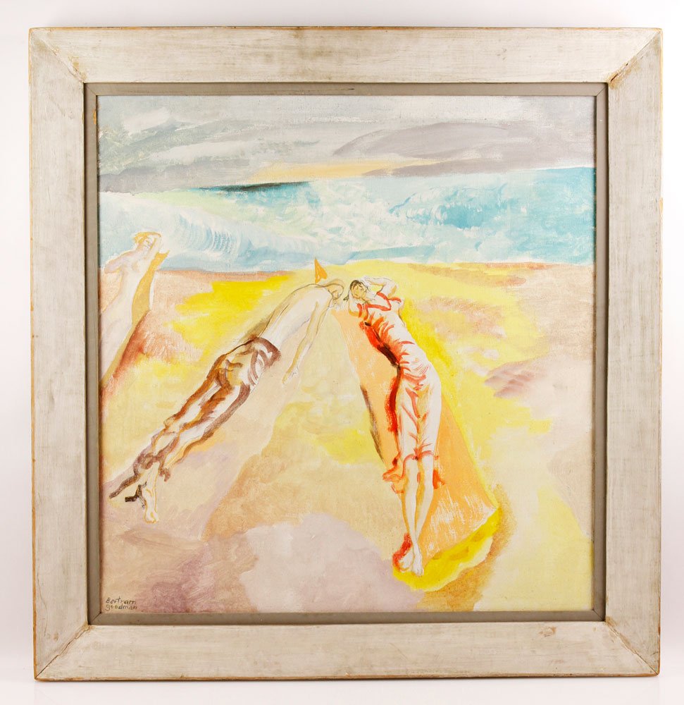Goodman, Untitled, O/C: Bertram Goodman (1904-1988), untitled, oil on canvas, depicting three figures laying at the water's edge, signed "Bertram Goodman," lower left, not dated, tag verso from Cirkers Fine Art Storage, New