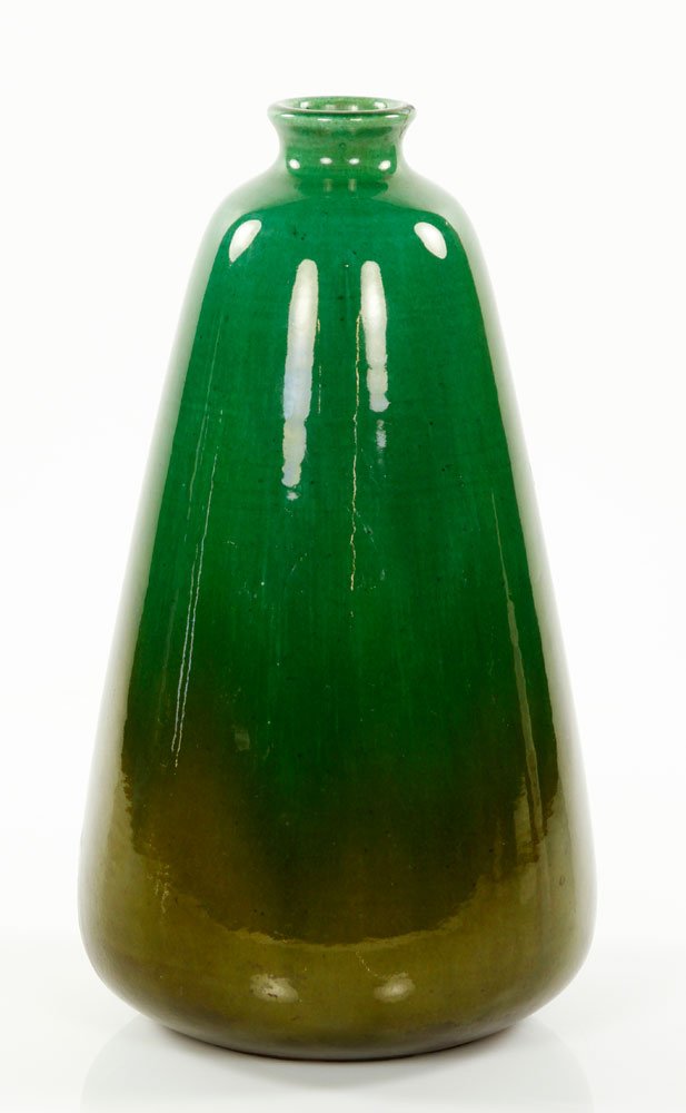 Massier Golfe-Juan Vase: Clement Massier, Golfe-Juan vase in green glaze, stamped "Clement-Massier Golfe-Juan" on base, 10 1/4" h x 6" dia. Provenance: From a Winchester, MA collection.