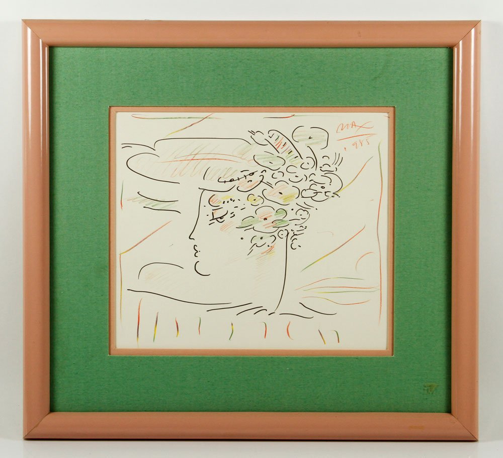 Max, Untitled Profile, Colored Pencil and Pastel: Peter Max (American-German, b. 1937) untitled female profile, original colored pencil and pastel, signed and dated 1985, 11" h x 13" w (view), 19" h x 21" w (frame). Provenance: From a California esta