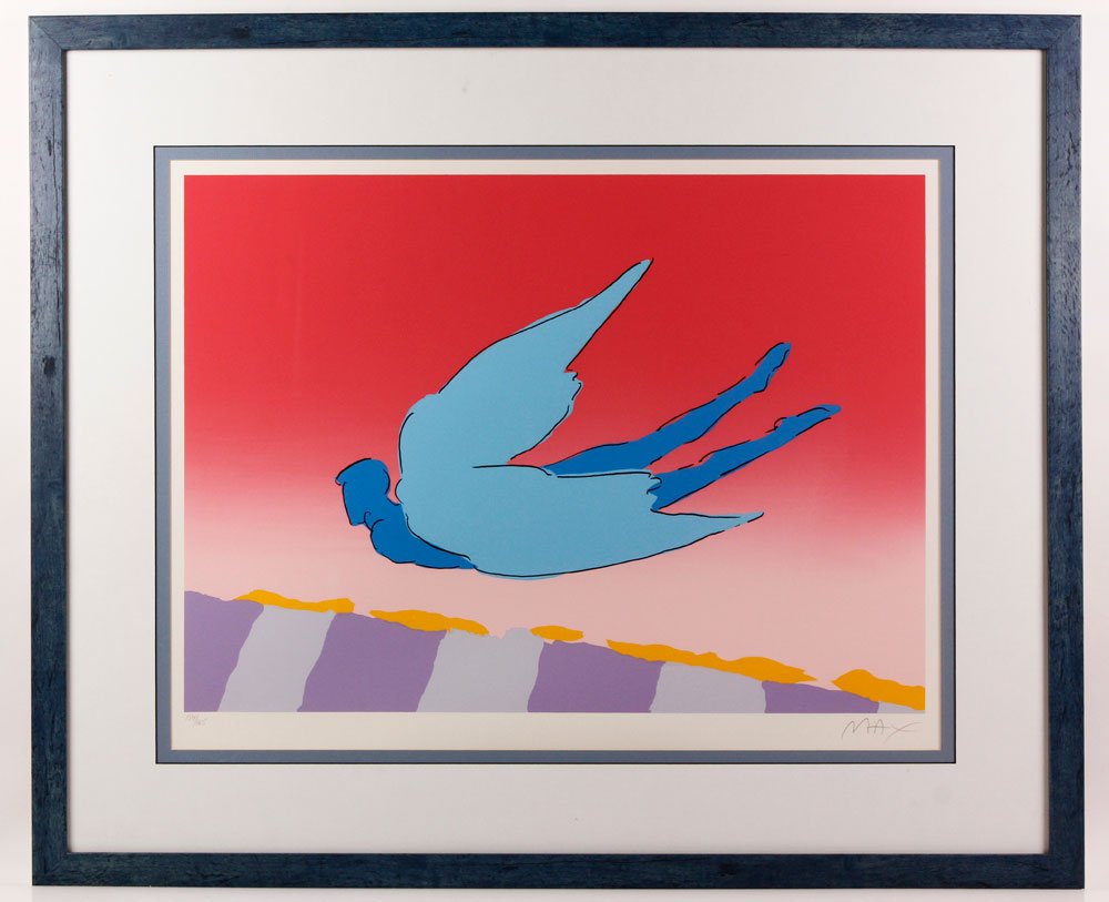 Max, "Pink Sky Flyer," Serigraph: Peter Max (American-German, b. 1937), "Pink Sky Flyer," serigraph on Arches paper, editioned lower left 154/165 in pencil, signed lower right "Max" in pencil, framed under Plexiglas and matted, 21" h