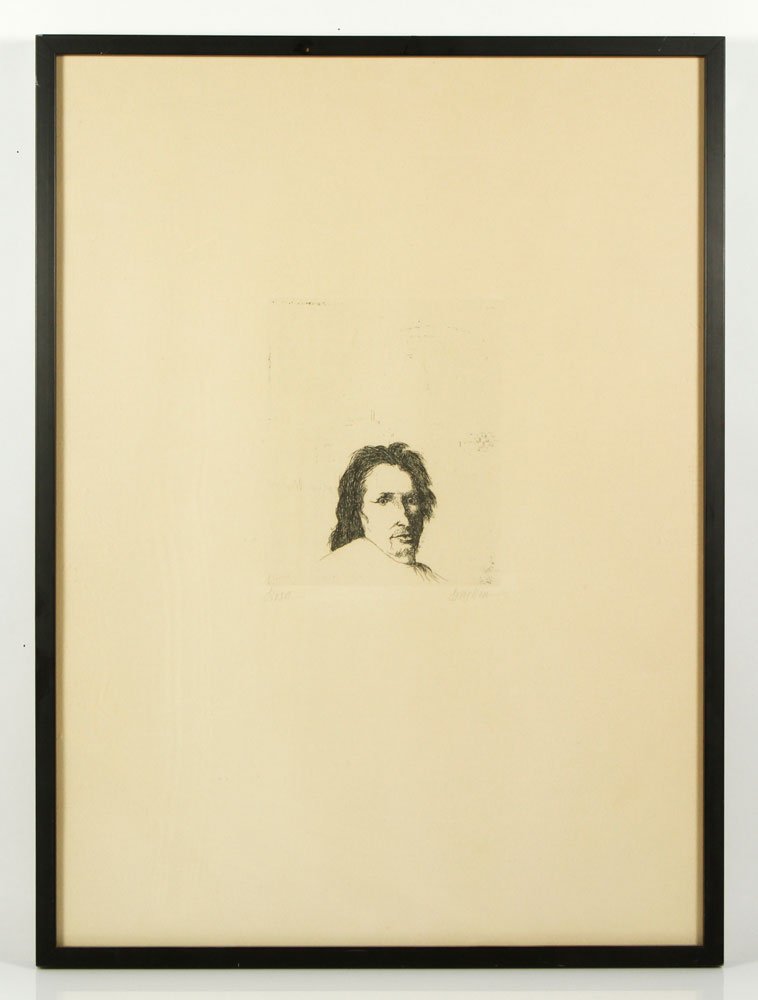 Baskin, "Rosa," Etching: Leonard Baskin, "Rosa," etching, titled "Rosa" or "Bosa" lower left, signed in pencil lower right "Baskin," 9" h x 7" w (view), 28" h x 21" w (frame). Provenance: From a La Jolla, CA estate.