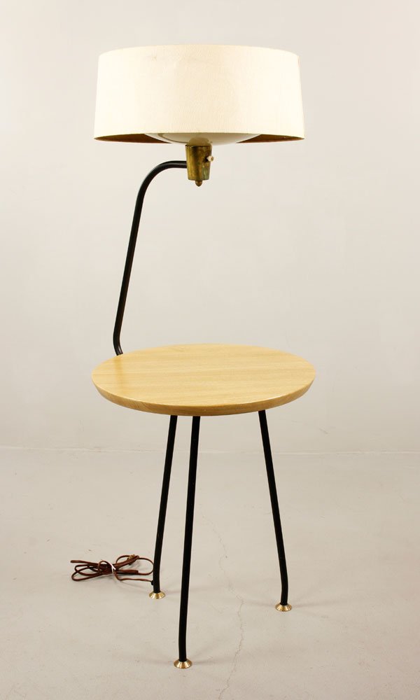 Table Lamp, Birch and Iron: Attributed to Luther Conover, table lamp, circa 1950s, all original, including shade, birch table surface, wrought iron frame, 50" h x 19" dia. Provenance: From a Gloucester, MA estate.