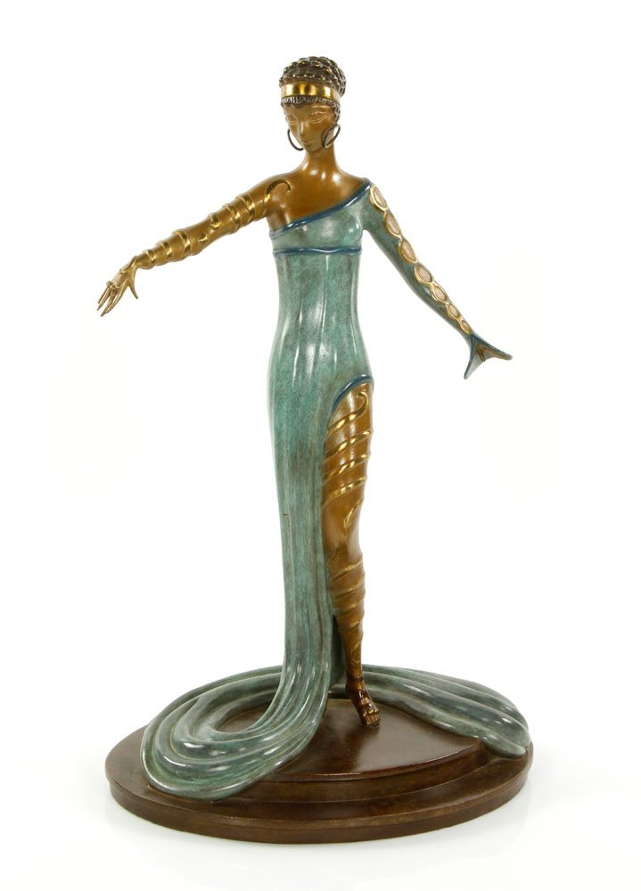 Erte, "La Merveilleuse," Bronze: Erte, "La Merveilleuse," bronze, 1980, limited edition, editioned 230/250, signed topside of base "Erte," stamped "RKP INT. CORP copyright 1980" on side of base, 15 1/2" h x 7 1/2" w x 9 3/4" d. Prove