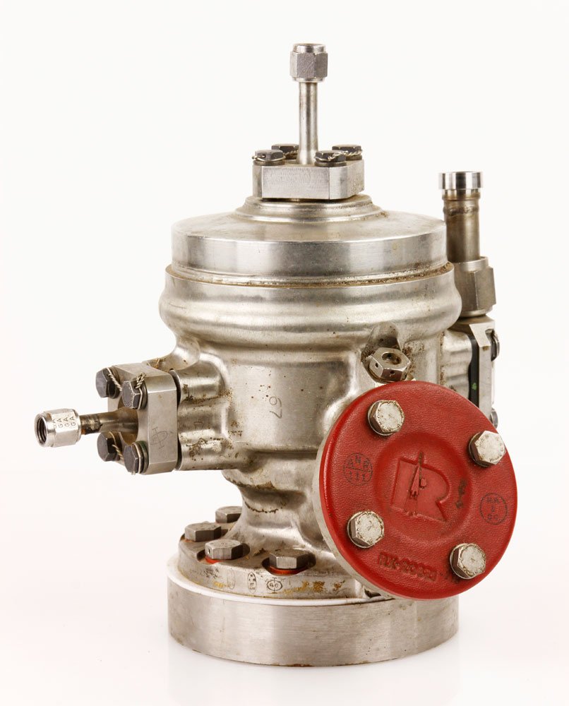 Apollo Program Idle Mode Valve: Apollo Program idle mode valve for a rocket engine, stainless steel, 10" h x 9" w x 8" d.