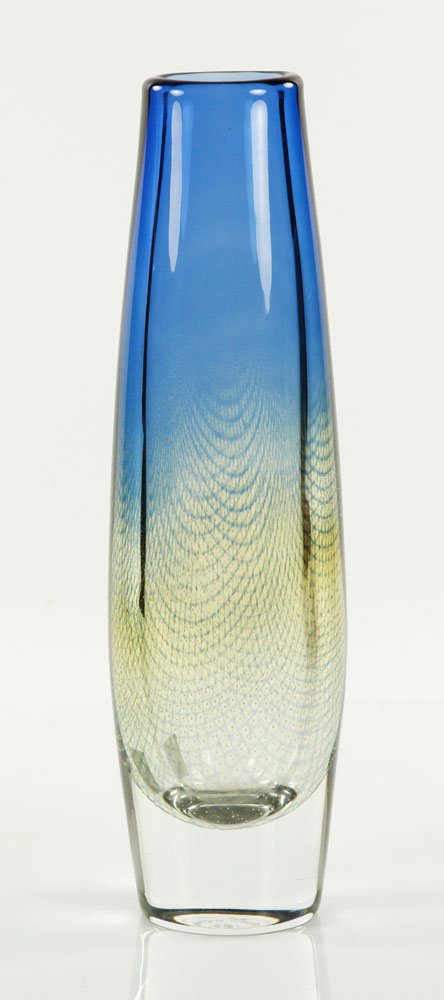 Palmquist Vase: Sven Palmquist (Swedish, 1906-1984) for Orrefors, tall vase, circa 1960s, internally decorated with latticino and bubble effect, signed underside "Orrefors Kraka 322 Sven Palmquist," 12 1/4"h x 3 1/2"