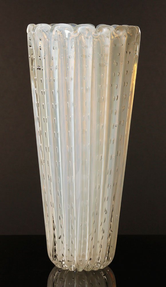 Barovier and Toso Bubble Vase: Barovier and Toso blown glass bubble vase, controlled bubbles encased in clear glass over opaque white glass, 16" h x 7 1/2" dia. Provenance: From a Peabody, MA estate.