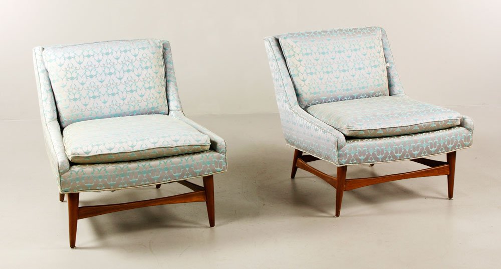 Pair of Mid-Century Modern Slipper Chairs: Pair of Mid-Century Modern slipper chairs, original upholstery, walnut frame, both with original labels from Florence Furniture Company, circa 1950s, 29" h x 29" w x 27" d. Provenance: From a Watertow