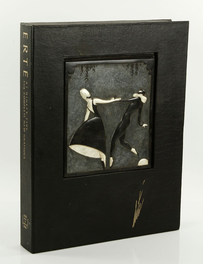 Erte, "Pas de Deux," Bronze: Erte, "Pas de Deux," limited edition bas-relief, bronze, with approved "Erte" signature stamp lower right, editioned lower right, affixed to a specially bound, signed edition of "Erte at 95: The Compl