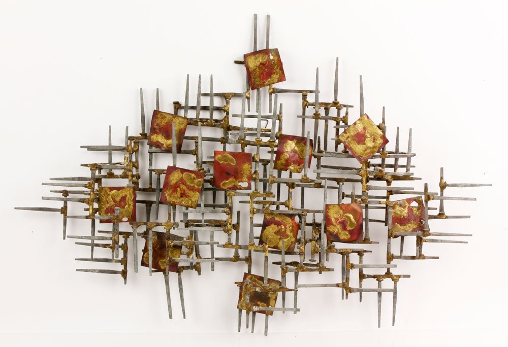 Brutalist Style Wall Sculpture: Brutalist style wall sculpture, iron nails and applied copper, welded, unsigned, 18" h x 26" w x 3" d. Provenance: From an Andover, MA collection.