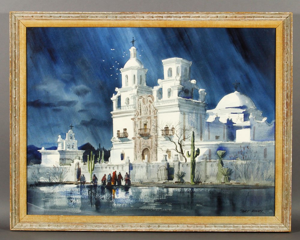 Riley, "Arizona Mission," W/C: Art Riley (1911-1998), "Arizona Mission," watercolor on paper, signed, 21" h x 28" w (view), 24" h x 30" w (frame). Provenance: From The Art Center, Ogunquit, Maine.