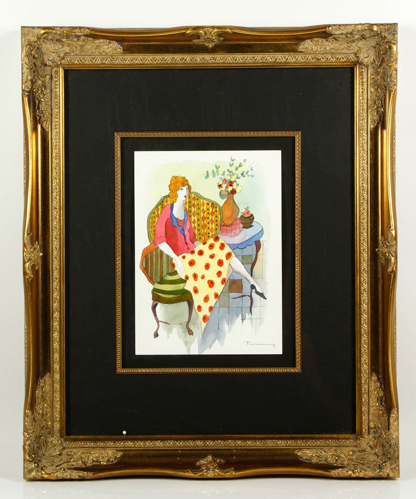 Tarkay, Title Unknown, M/M: Itzchak Tarkay (Israel, b. 1935), title unknown, mixed media and watercolor on paper, depicting a seated woman, signed lower right "Tarkay," with COA, 7 3/4" h x 11" w (view). Provenance: From a New Y