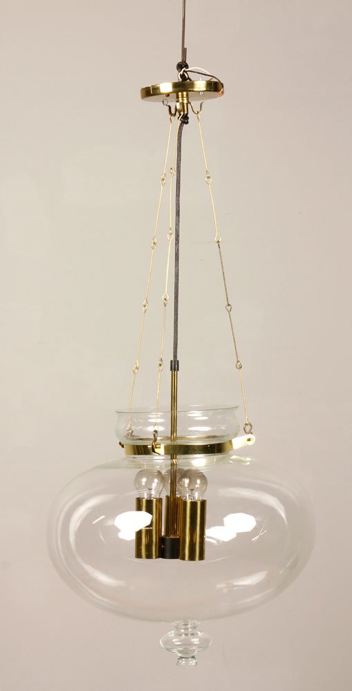 Lightolier Hanging Pendant Lamp: Mid-Century Lightolier hanging pendant lamp, circa 1960s, with glass globe, brass fixtures and chrome chain links, 19" h x 37" w. Provenance: From a Wakefield, MA estate.