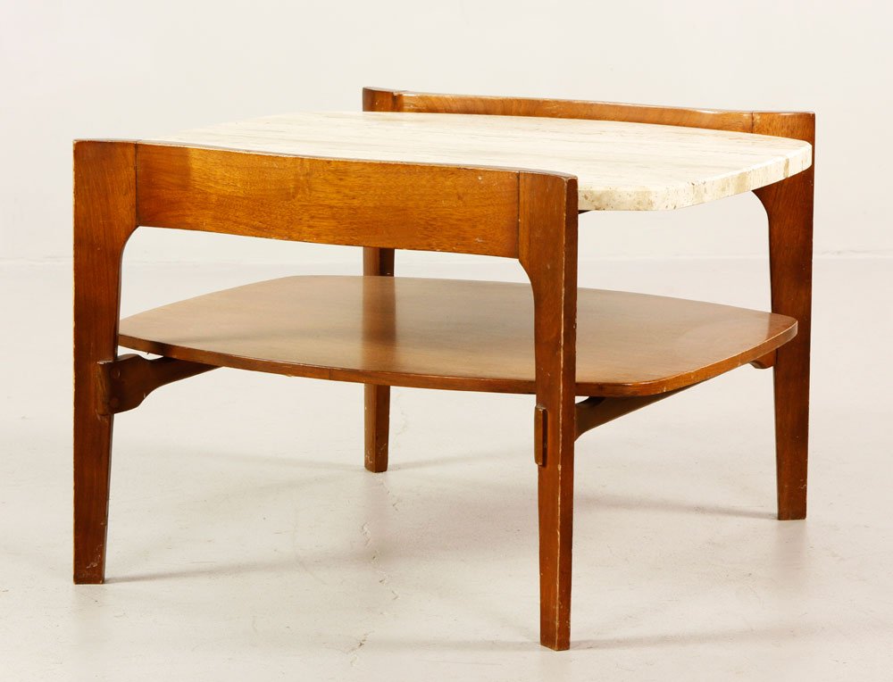 Singer and Sons Lamp Table: Singer and Sons lamp table, designed by Bertha Schaefer, walnut frame and travertine surface, 16 1/4" h x 24" w. Provenance: From a Beverly, MA estate.