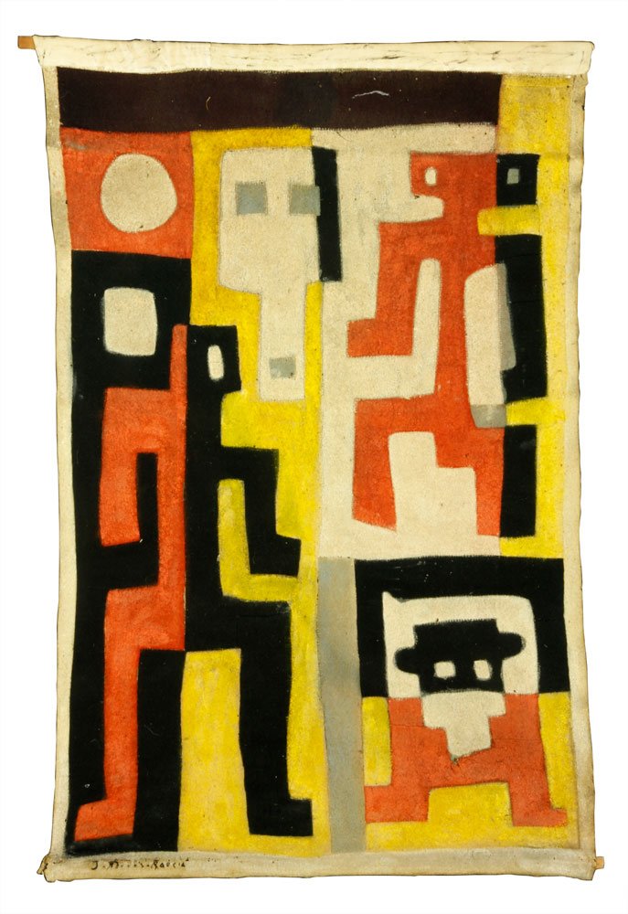 Manner of Garcia, Cubist Painting: In the manner of JoaquÃ­n Torres Garcia, cubist painting on fabric, tapestry, signed lower left, 51" x 36". Provenance: FL estate, purchased from the estate of Rosario Ayestaran, Palm Beach, FL.
