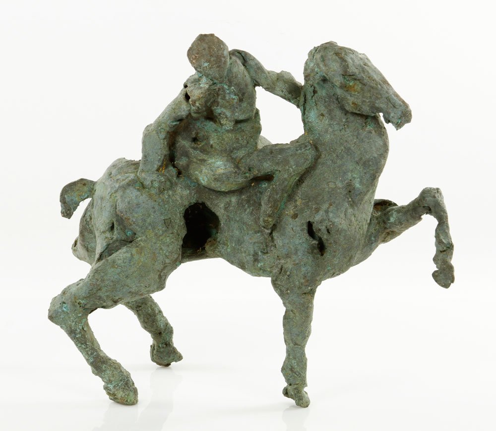 Man on a Horse, Bronze: Mid century, man on horse, bronze, unsigned, 11" h x 12" w. Provenance: From a New Haven, CT estate.