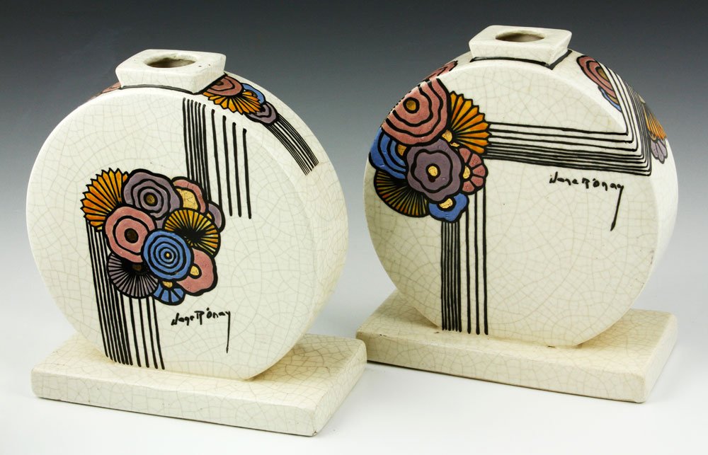 Pair of R'onay Art Deco Vases: Pair of Jane R'onay Art Deco vases, signed, circa 1925, 9"h x 8"w x 4"d.
