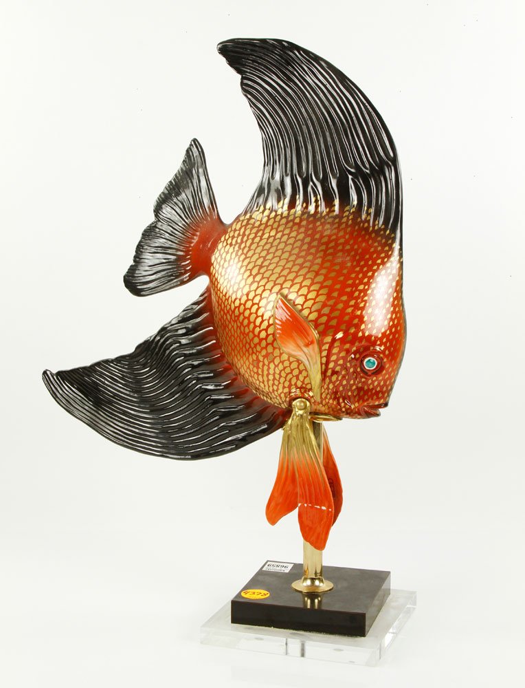 Oggetti Italian Fish Sculpture, Ceramic: Ogetti Italian fish sculpture, ceramic, glazed and gilt on plexi base, 21"h x 14 1/2"w x 6 1/4"d.