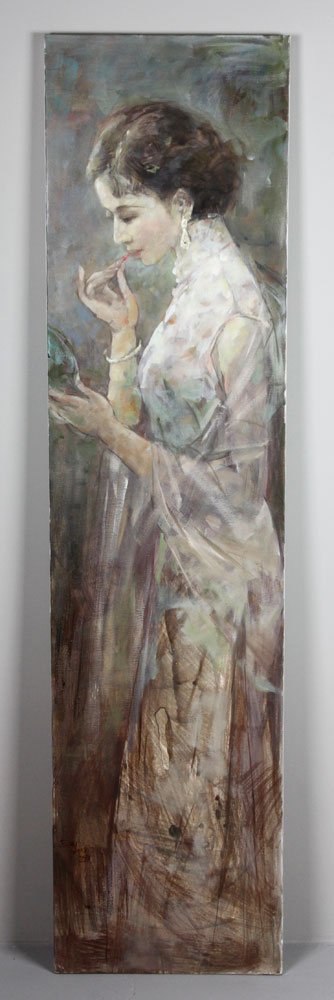 Zhi Gang, Young Chinese Woman, O/C: Xu Zhi Gang, portrait of a young Chinese woman standing holding mirror in one hand, applying lip gloss with other hand, oil on canvas, unframed, 63' x 16 3/4". Provenance: Lakeside, CA collector.