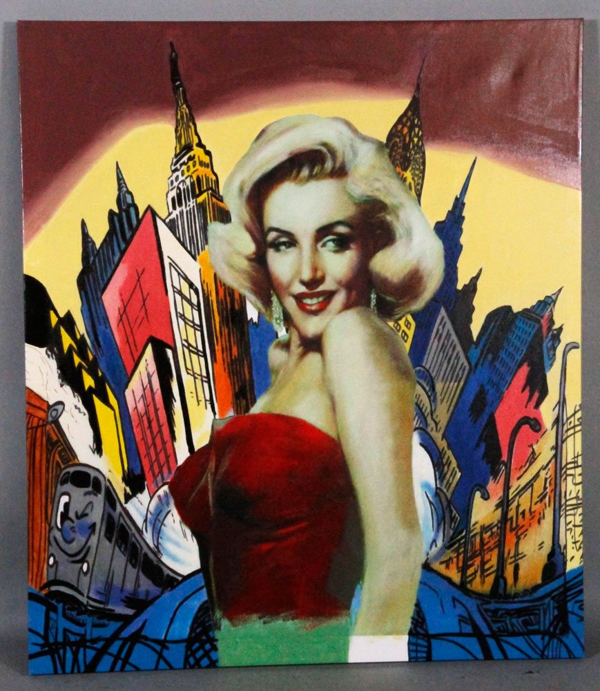 Kaufman, Marilyn, Oil and Silkscreen on Canvas: Steve Kaufman, "Hot Marilyn Livin' in a Comic World II," hand painted oil and silkscreen on canvas, unique, 46" x 32".