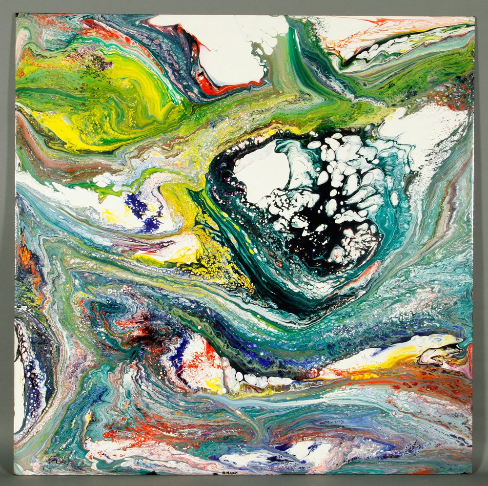 Mann, Abstract, A/M: Richard Mann (American 20th century), abstract, acrylic on masonite, heavily applied paint, unsigned, marked "H207" verso in white paint, 36"2q (view). Provenance: Santa Barbara, CA collector.