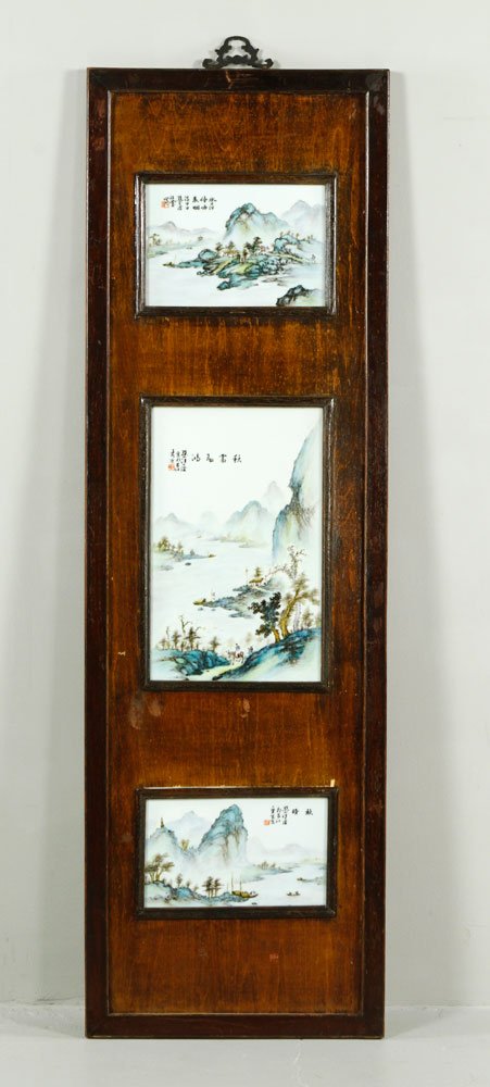 Early 20th C. Famille Rose Plaque: Framed famille rose porcelain plaque, China, early 20th century, signed "Wang Dachang," 52"h x 16 1/4"w.
