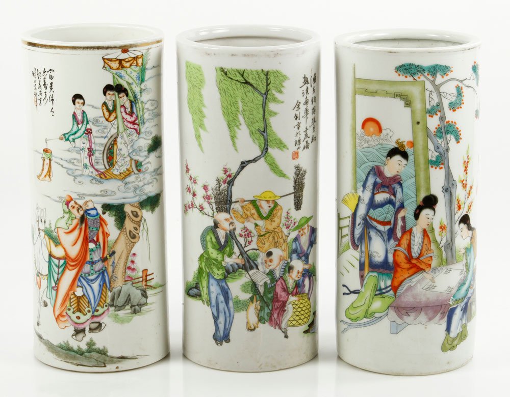 Three Famille Rose Hat Stand Vases: Three famille rose porcelain hat stand vases, China, with figures, 11"h.