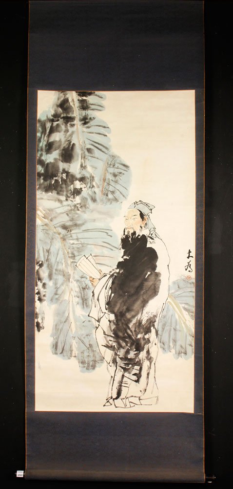 Chinese Scroll Painting: Liu Dawei (China, 20th century), hanging scroll, ink and lightly applied color on paper, depicting scholar reading a letter in garden setting, 49 1/2"h x 29 1/2"w (view), 73"h x 27 1/2"w (frame). Prov