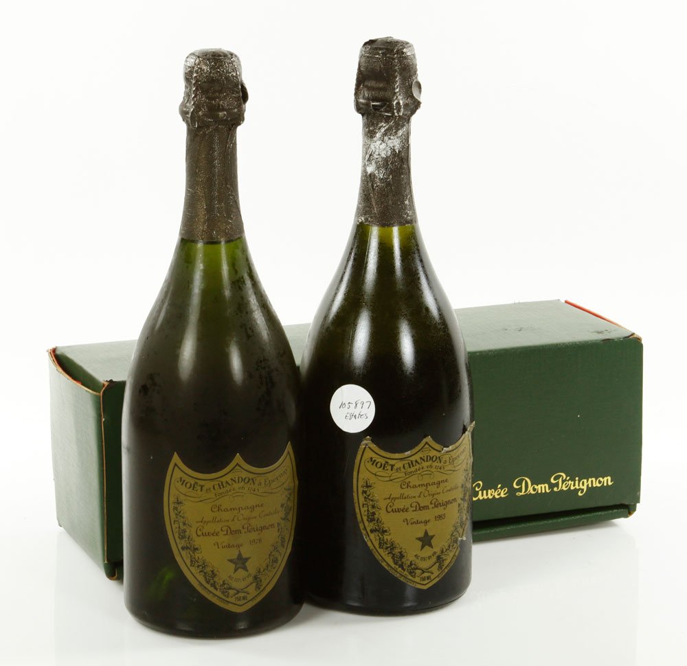 2 Cuvee Dom Perignon Champagne: Two bottles of Cuvee Dom Perignon, 1985 and 1978, both refrigerated, French. Provenance: From a FL estate. Note: all wine must be picked up at 117 Elliott Street, Beverly, MA and cannot be shipped.