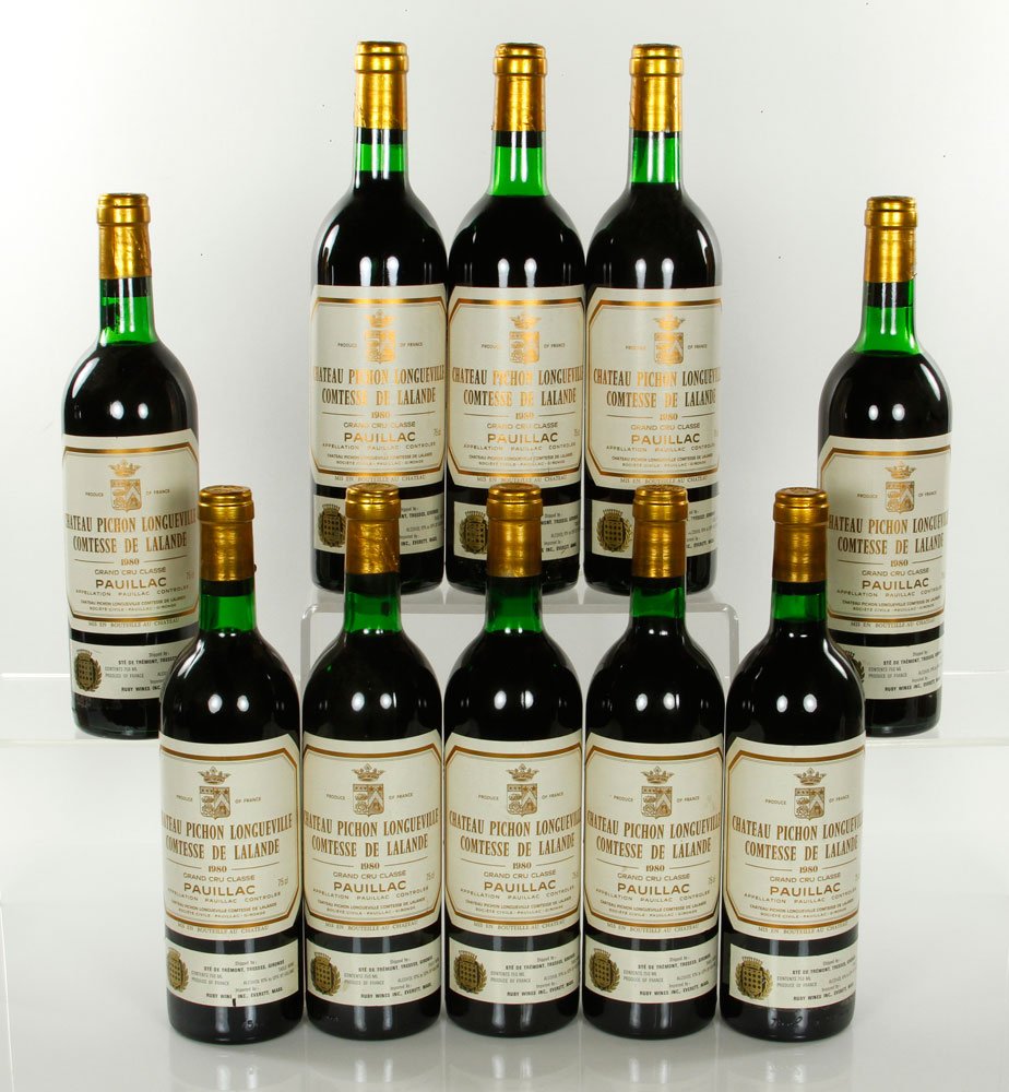 10 Bottles 1980 Chateau Pichon Longueville Pauillac: Ten bottles of 1980 Chateau Pichon Longueville Pauillac wine, Grand Cru. Provenance: From a Beacon Hill collector. Note: all wine must be picked up at 117 Elliott Street, Beverly, MA and cannot be shi