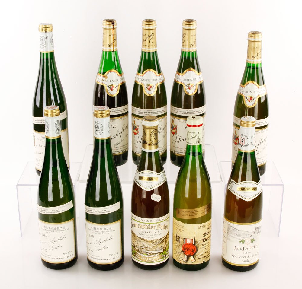 10 Bottles German Riesling: Ten Rieslings from assorted vineyards and vintages, 1983-1985. Provenance: From a Beacon Hill collector. Note: all wine must be picked up at 117 Elliott Street, Beverly, MA and cannot be shipped.