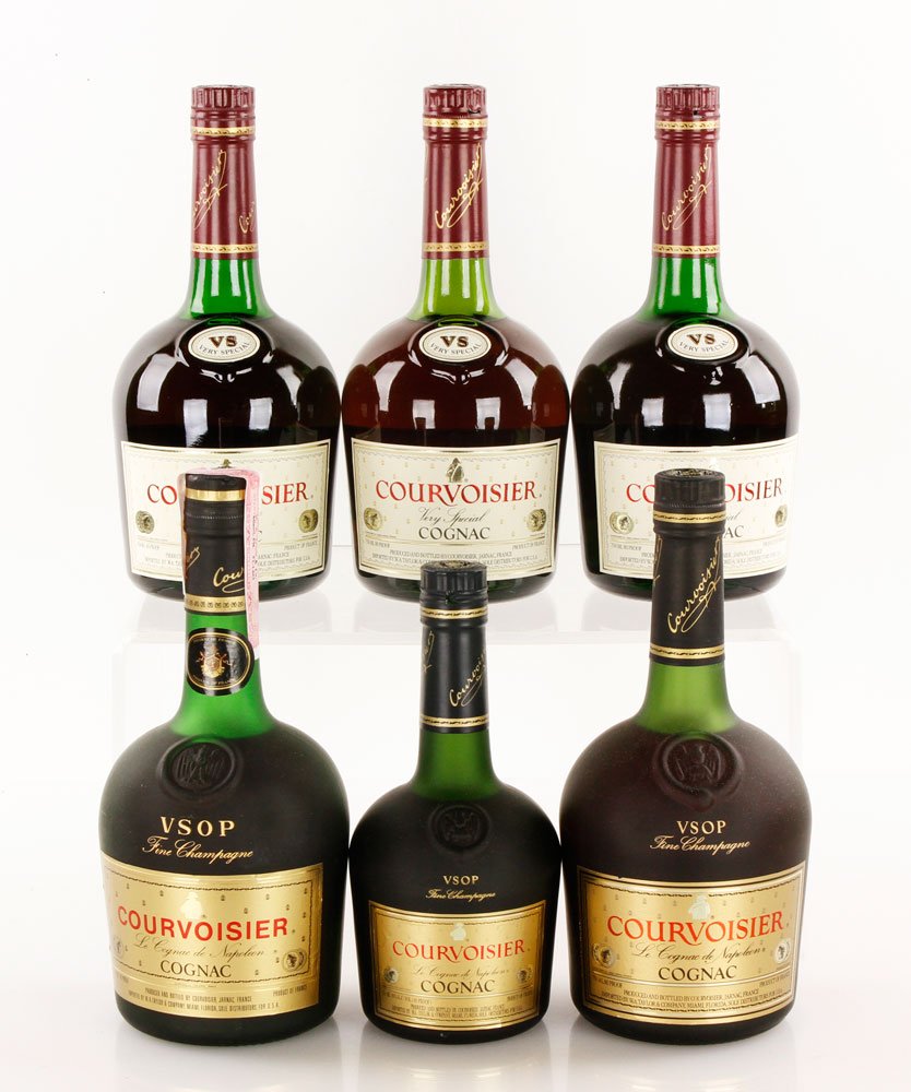 6 Bottles Courvoisier Cognac: Six bottles of Couvoisier Cognac, including three VS and three VSOP. Provenance: From a Beacon Hill collector. Note: all wine must be picked up at 117 Elliott Street, Beverly, MA and cannot be shipped
