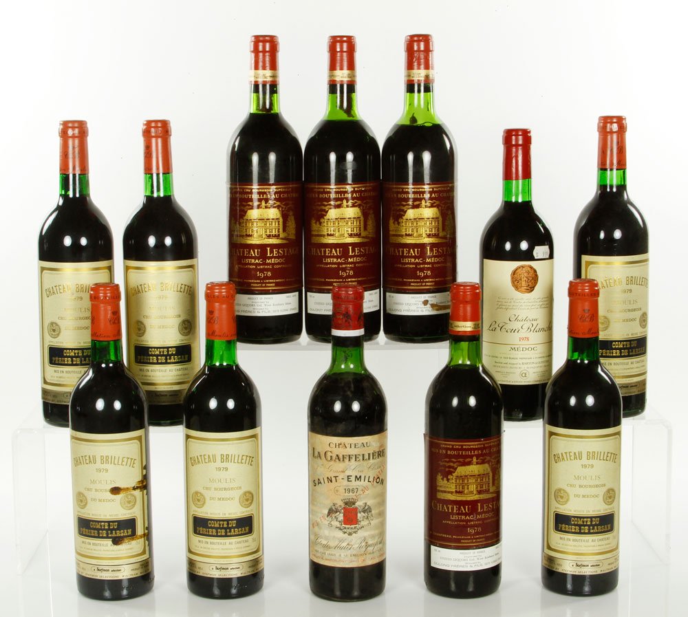 12 Assorted Wines: Twelve bottles of assorted wine, including seven 1979 Chateau Brillette, four 1978 Chateau Lestage, and others. Provenance: From a Beacon Hill collector. Note: all wine must be picked up at 117 Elliot