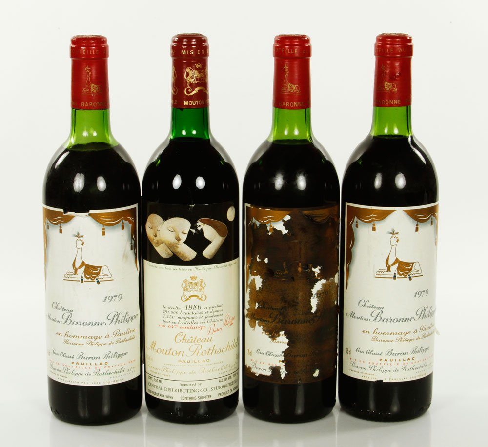 4 Bottles of Mouton Baronne Philippe Pauillac: Three bottles of 1979 Mouton Baronne Philippe, one 1986 bottle. Provenance: From a Chestnut Hill collector. Note: all wine must be picked up at 117 Elliott Street, Beverly, MA and cannot be shipped.