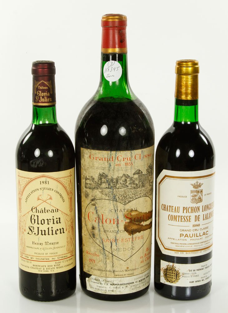 3 Assorted French Wines: Three bottles of wine, including a 1980 Chateau Pichon Longueville Pauillac top shoulder 750 ML, a 1981 Chateau Gloria St. Julien top shoulder 750ML, and a 1971 Chateau Calon-Segur St. Estephe Medoc m