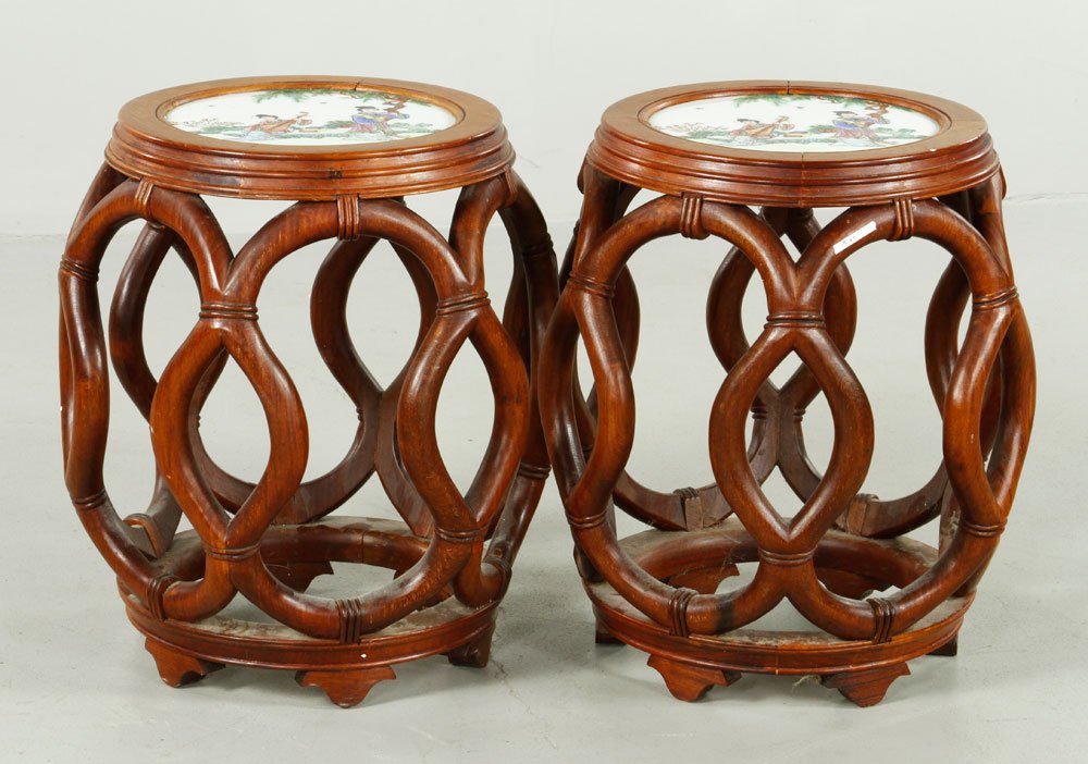 Two Chinese Stools: Two carved teak wood stools, China, mounted with porcelain plaques, round shape, 18 1/2"h.