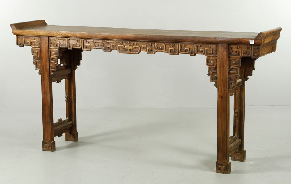 Chinese Altar Table: Heavily carved altar table, China, huanghuli wood, 35"h x 14 1/2"w x 71"d.