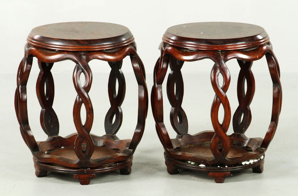 Two Chinese Stools: Pair of stools, China, hardwood mounted with silver inlay in floral pattern, 18 1/2"h.
