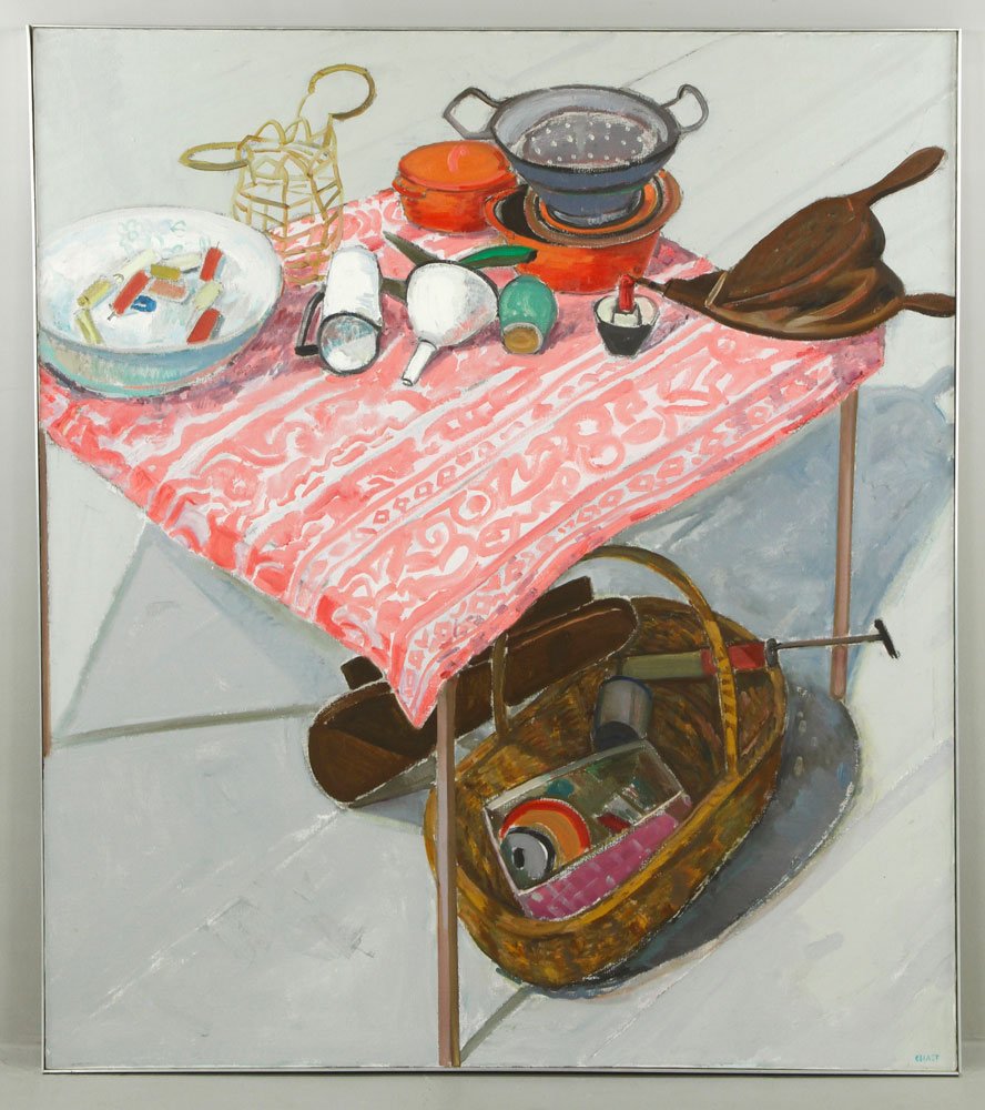 Chaet, "Greek Cloth", O/C: Bernard Chaet (1924-2012), "Greek Cloth", oil on canvas, signed and dated 1976, Marilyn Pearl Gallery label, 50" x 44". Provenance: From the collection of late Yale University professor Bernard Chaet.
