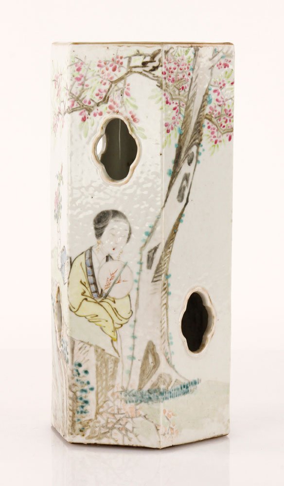 19th C. Chinese 6-Panel Vase: Late 19th century Chinese six-panel vase depicting beautiful lady, with pierced windows, and characters on panels, 11" x 4 1/2" (one panel). Provenance: MA collection.