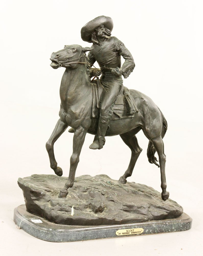 Remington Bronze: Frederic Remington bronze, 22" x 21" x 11". Provenance: CA estate.