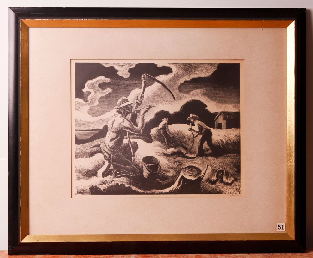 Benton, "Island Hay," Lithograph: Thomas Harton Benton (American 1889-1975) "Island Hay," lithograph, signed in pencil, published by the American Artists Association, 1945, signed in pencil, depicting figures in hay field, matted and 