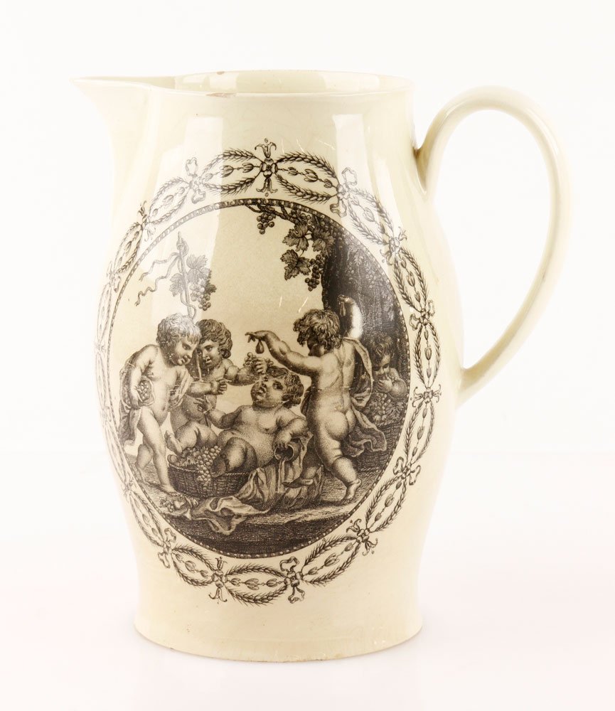 19th C. English Transfer Creamware Jug: 19th century English transfer decorated creamware jug, 8 1/2"h. Provenance: MA estate.