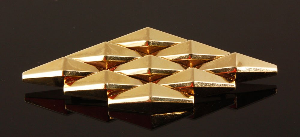 Mid 20th C. 14K Gold Triangle Brooch: 14K yellow gold brooch, wide triangle, circa 1950s/60s, approximately 21 grams, 3 1/4" x 1 1/4".Provenance: From the estate of the late Raymond Bolduc of Fort Lauderdale, Florida and Ogunquit, Maine.