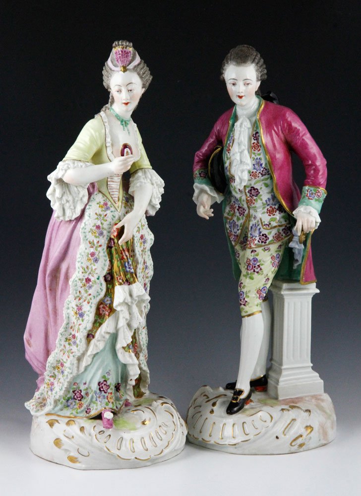 18th C. Pair Samson Porcelain Figures: 18th century, pair of Samson porcelain figures, gentleman in ornately painted 18th century dress and matching lady in ornate dusty rose gown, called "The Duke" and "The Duchess", 16 3/4"h (man), 17 1/