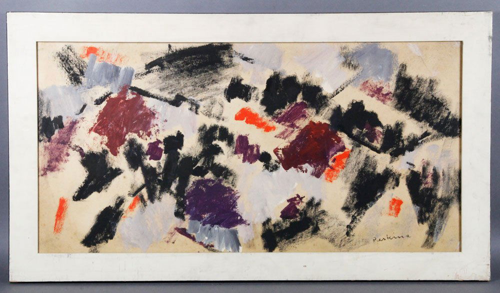 Perkins, "Upland", O/P: "Upland", abstract, oil on paper over masonite, signed lower right Perkins, business card verso Upland $100 Mr. Harley Perkins Fenway Studios 30 Ipswich St Boston, 15" x 30", 18 1/2" x 33 1/2" (frame)