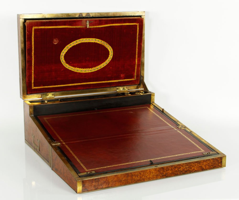 Early 19th C. Sea Captain's Lap Desk: Early 19th century English sea captain's lap desk, English burl wood and brass binding, red tooled leather interior with ink wells, 7" h x 18" w x 11" d. Provenance: From a Beverly, MA estate.