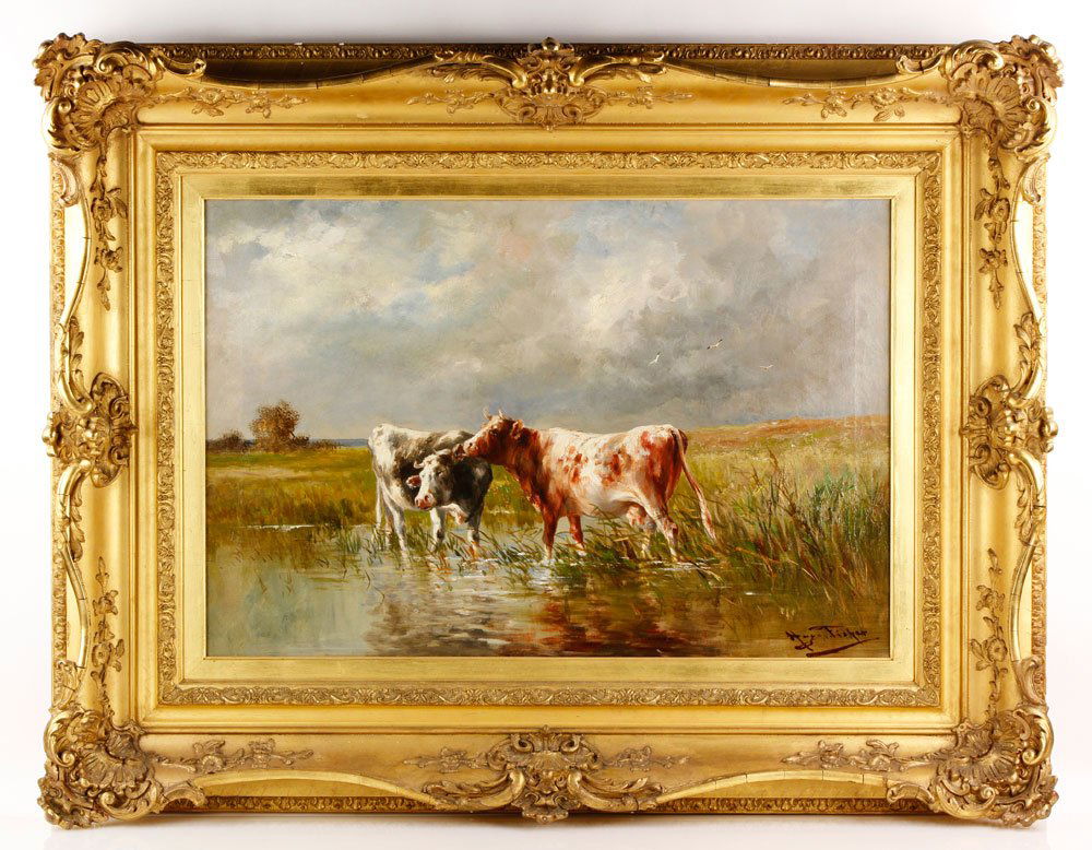 Fisher, Cows in Stream, O/C: Hugo Melville Fisher (1878-1946), cows in stream, oil on canvas, signed lower right, 20" x 30" (view), 33" x 43" (frame). Provenance: MA estate.